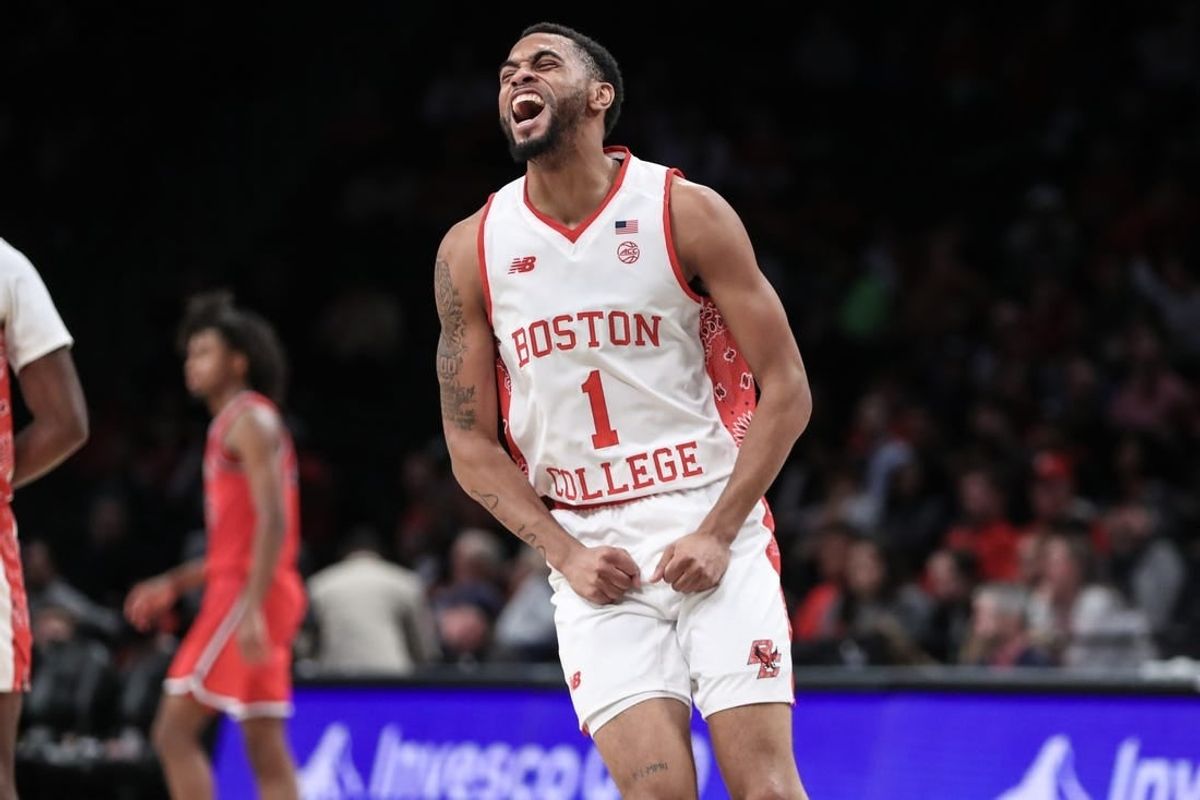 Dec 10, 2023; Brooklyn, New York, USA; Boston College Eagles guard Claudell Harris Jr. (1) celebrates after the St. John's Red Storm call a timeout in the second half at Barclays Center.