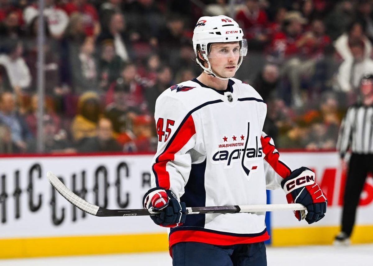 Oct 21, 2023; Montreal, Quebec, CAN; Washington Capitals right wing Matthew Phillips (45) against the Montreal Canadiens during the third period at Bell Centre.