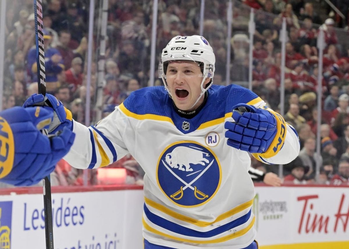 Jan 4, 2024; Montreal, Quebec, CAN; Buffalo Sabres forward Jeff Skinner (53) celebrates after the goal scored against the Montreal Canadiens by teammate forward Tage Thompson (72) (not pictured) during the third period at the Bell Centre.