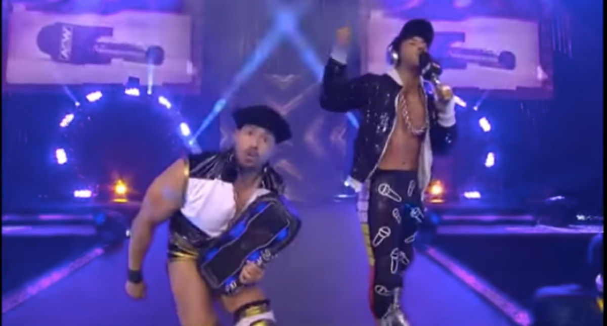Max Caster (right) of tag team The Acclaimed performs at AEW Dark.