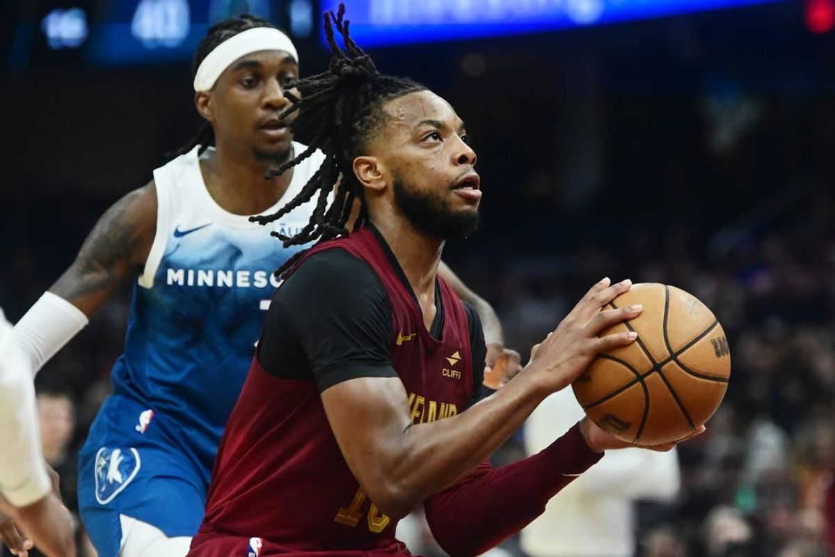 Mar 8, 2024; Cleveland, Ohio, USA;  Cleveland Cavaliers guard Darius Garland (10) drives to the basket against against the Minnesota Timberwolves during the first half at Rocket Mortgage FieldHouse.