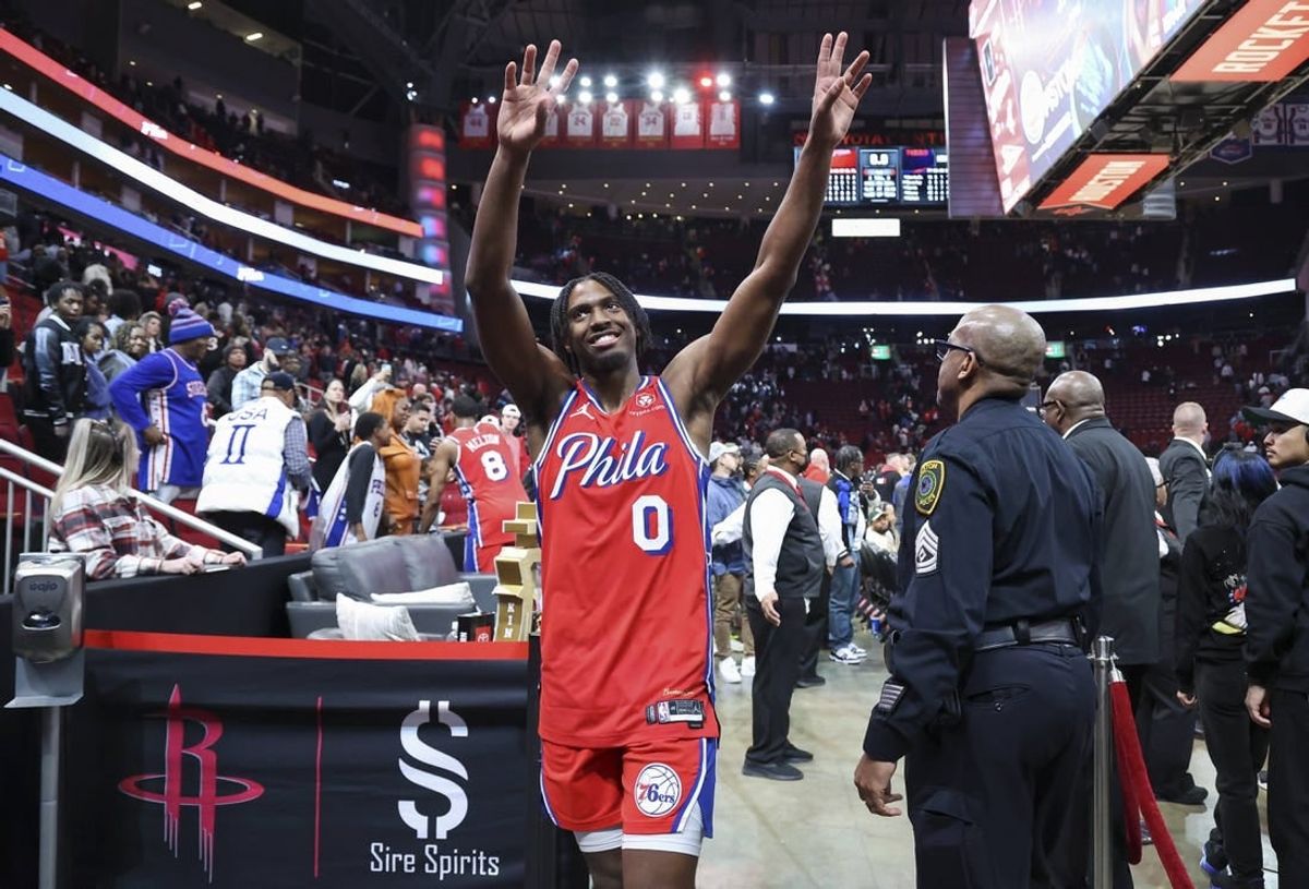 Dec 29, 2023; Houston, Texas, USA; Philadelphia 76ers guard Tyrese Maxey (0) walks off the court after the game against the Houston Rockets at Toyota Center.
