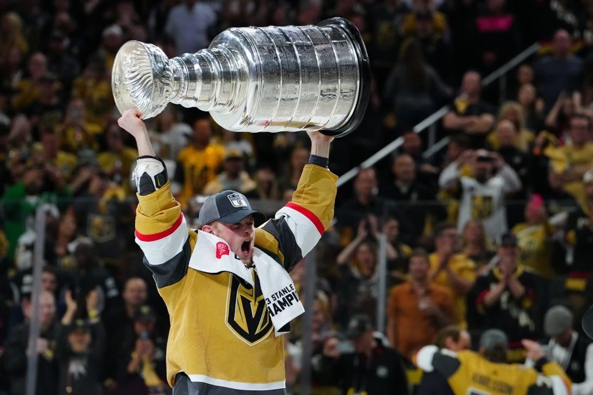 Jun 13, 2023; Las Vegas, Nevada, USA; Vegas Golden Knights forward Jack Eichel (9) hoists the Stanley Cup after defeating the Florida Panthers in game five of the 2023 Stanley Cup Final at T-Mobile Arena.