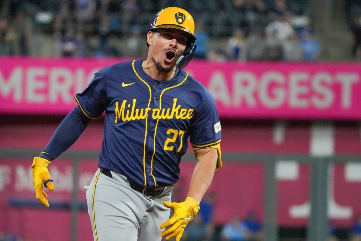 May 7, 2024; Kansas City, Missouri, USA; Milwaukee Brewers shortstop Willy Adames (27) celebrates while running the bases against the Kansas City Royals after hitting a three run home run in the ninth inning at Kauffman Stadium.