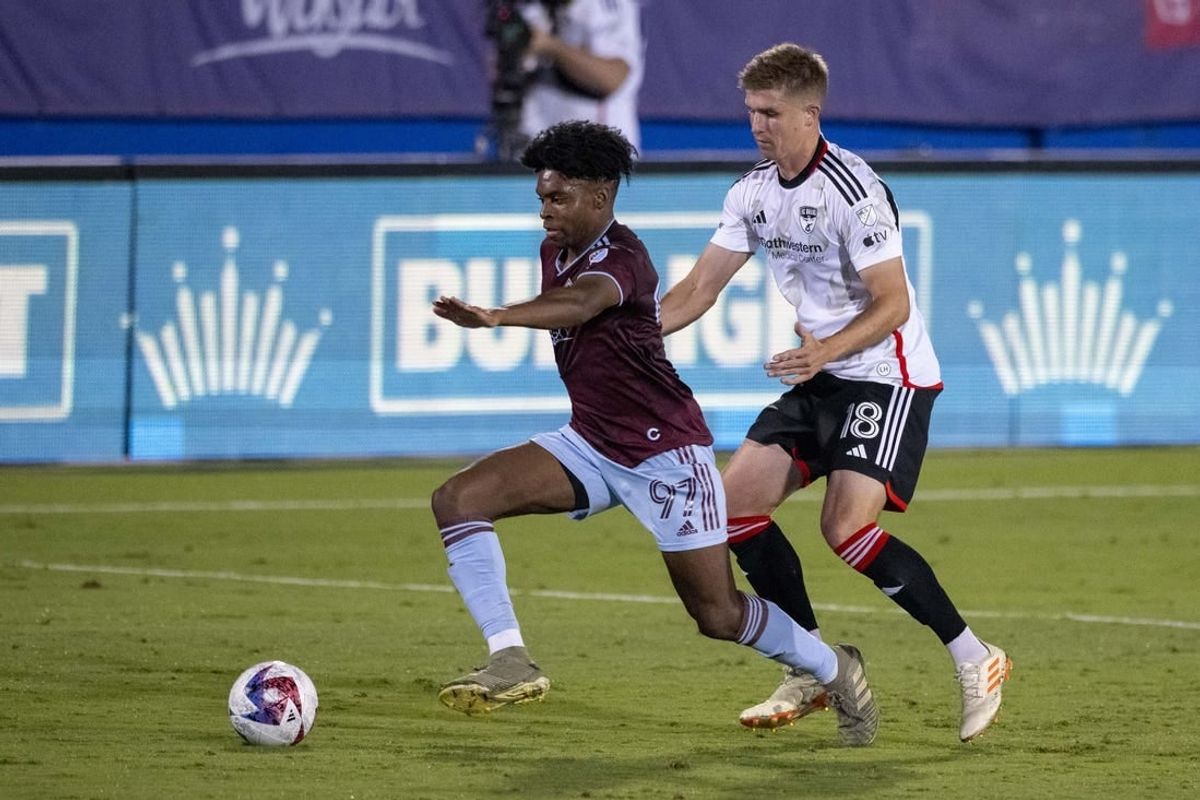 Oct 14, 2023; Frisco, TX, USA; Colorado Rapids midfielder Ralph Priso (97) and FC Dallas midfielder Liam Fraser (18) in action during the game between FC Dallas and the Colorado Rapids at Toyota Stadium.