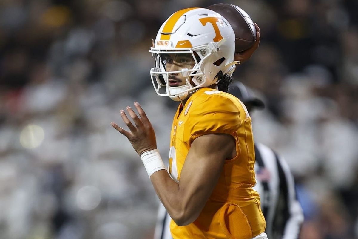 Nov 25, 2023; Knoxville, Tennessee, USA; Tennessee Volunteers quarterback Nico Iamaleava (8) passes the ball against the Vanderbilt Commodores during the second half at Neyland Stadium.
