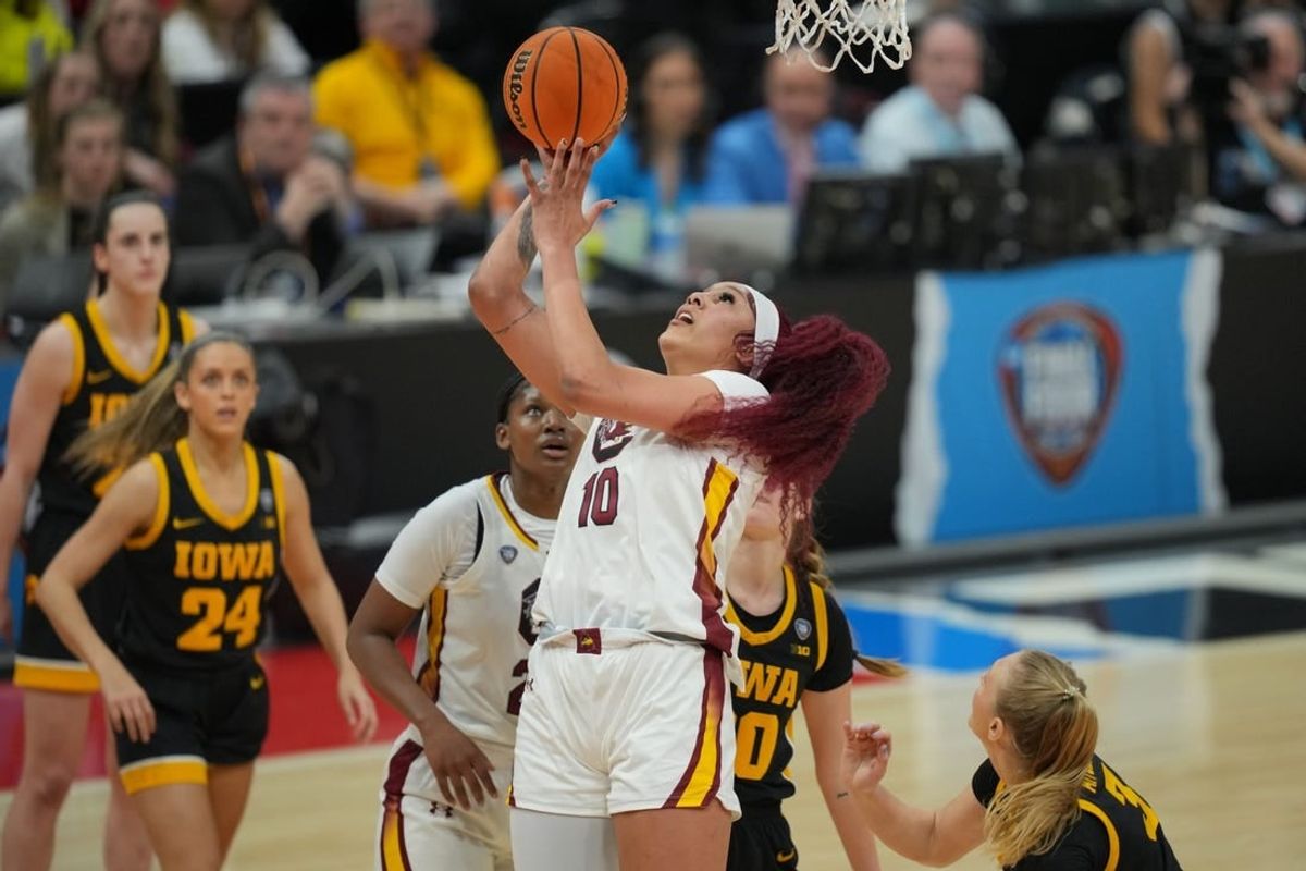 Apr 7, 2024; Cleveland, OH, USA; South Carolina Gamecocks center Kamilla Cardoso (10) shoots the ball against the Iowa Hawkeyes in the finals of the Final Four of the womens 2024 NCAA Tournament at Rocket Mortgage FieldHouse.