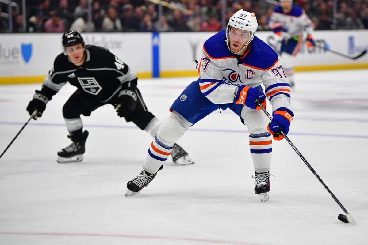 Dec 30, 2023; Los Angeles, California, USA; Edmonton Oilers center Connor McDavid (97) moves in for a shot on goal against the Los Angeles Kings during the third period at Crypto.com Arena.