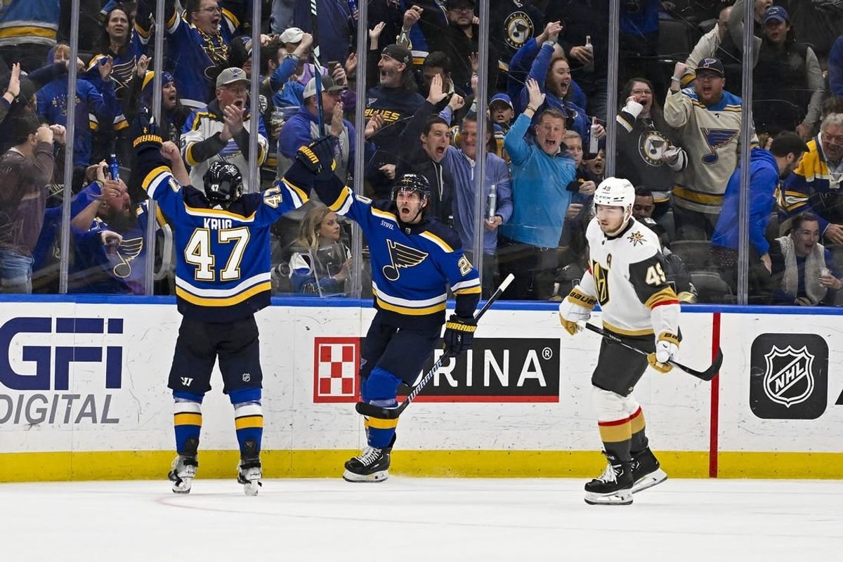 Mar 25, 2024; St. Louis, Missouri, USA;  St. Louis Blues left wing Brandon Saad (20) reacts after scoring the game tying goal against the Vegas Golden Knights during the third period at Enterprise Center.