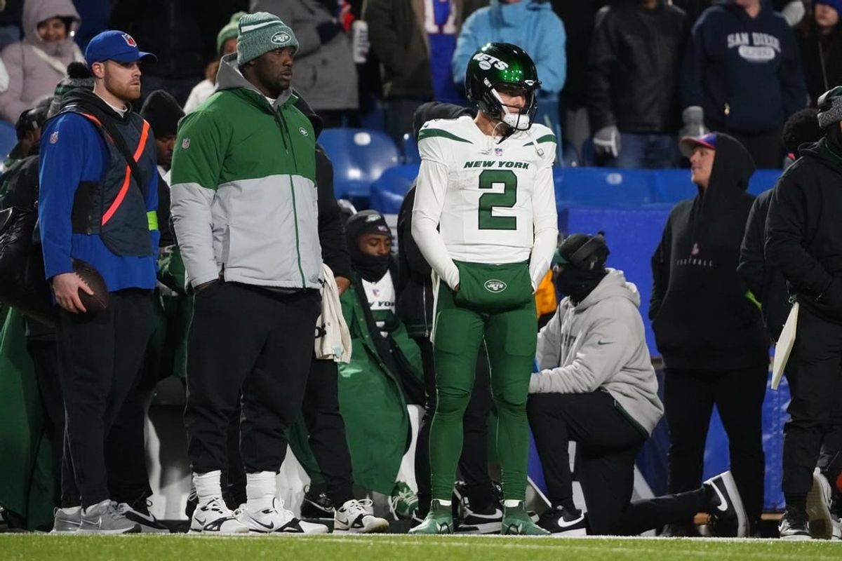 Nov 19, 2023; Orchard Park, New York, USA; New York Jets quarterback Zach Wilson (2) looks on from the sidelines after being replaced by quarterback Tim Boyle (7) (not pictured) during the second half against the Buffalo Bills at Highmark Stadium.
