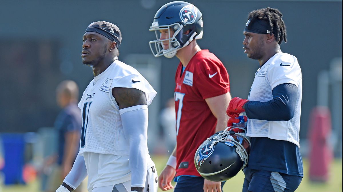 Titans wide receiver A.J. Brown (11), quarterback Ryan Tannehill (17) and Julio Jones (2) will give Tennessee potent passing attack to go with top rushing game.