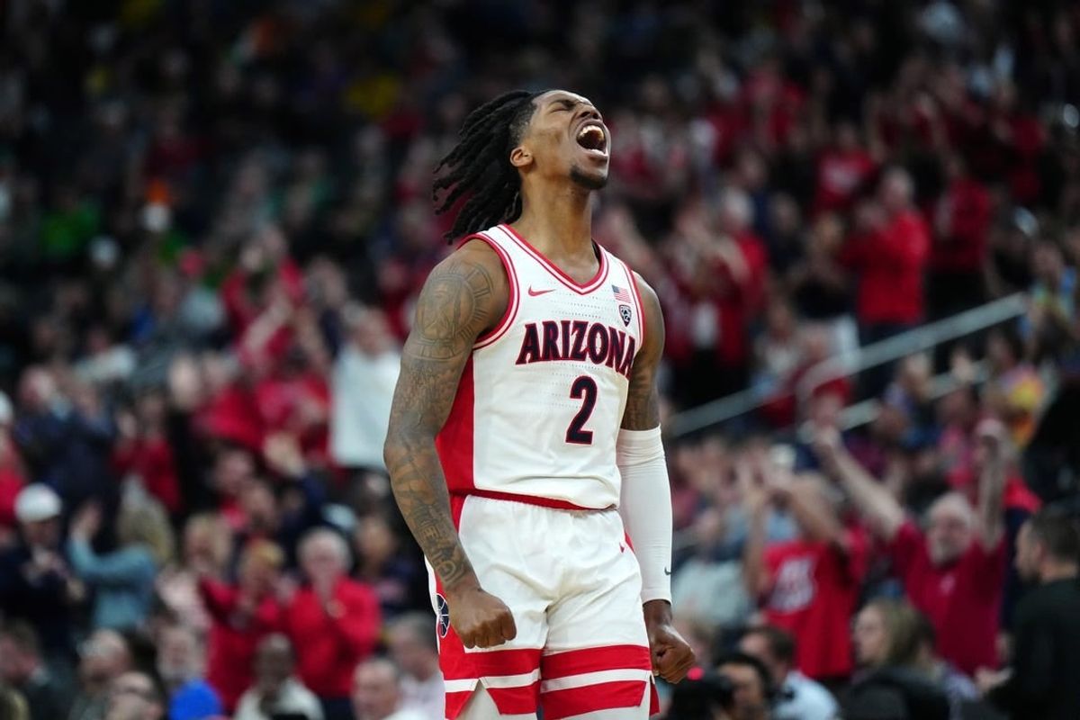 Mar 14, 2024; Las Vegas, NV, USA; Arizona Wildcats guard Caleb Love (2) celebrates against the Southern California Trojans in the second half at T-Mobile Arena.