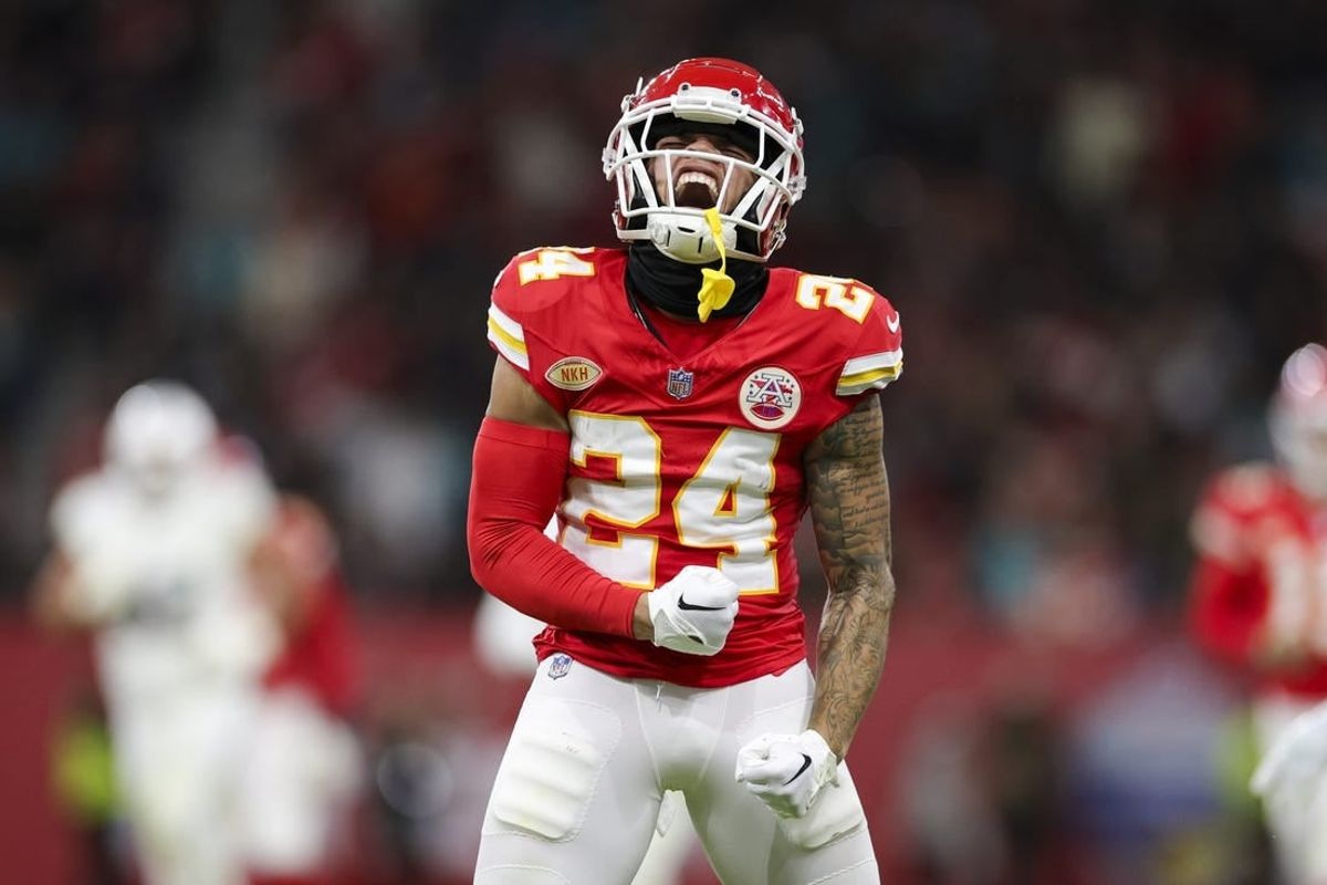 Nov 5, 2023; Frankfurt, Germany, ;  Kansas City Chiefs wide receiver Skyy Moore (24) reacts after catching a pass against the Miami Dolphins in the second quarter during an NFL International Series game at Deutsche Bank Park.