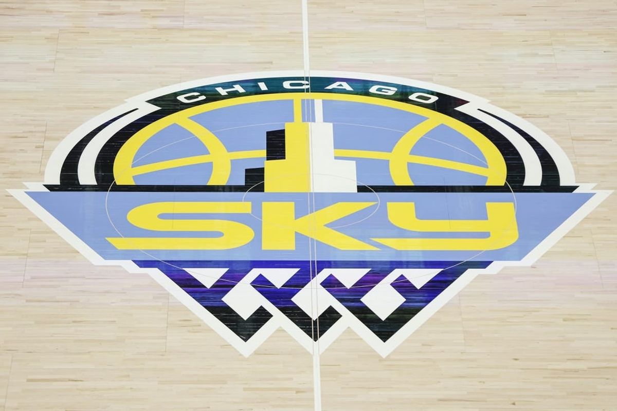 Aug 20, 2022; Chicago, Illinois, USA; Chicago Sky logo is seen on the court before Game 2 of the first round of the WNBA playoffs between the Chicago Sky and New York Liberty at Wintrust Arena.