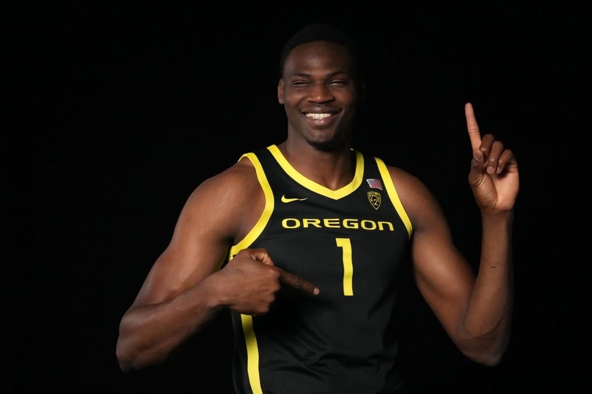 Oct 11, 2023; Las Vegas, NV, USA; Oregon Ducks center N'Faly Dante (1) poses during Pac-12 Media Day at Park MGM Las Vegas Conference Center.