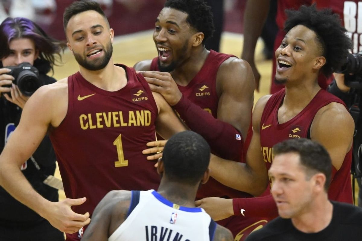 Feb 27, 2024; Cleveland, Ohio, USA; Cleveland Cavaliers guard Max Strus (1) celebrates after hitting a last-second, game-winning three-point basket in the fourth quarter against the Dallas Mavericks at Rocket Mortgage FieldHouse.