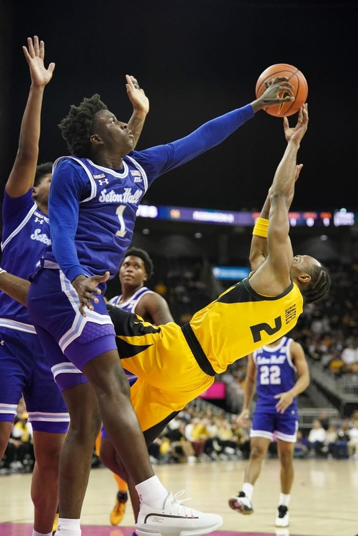 Dec 17, 2023; Kansas City, Missouri, USA; Missouri Tigers guard Tamar Bates (2) shoots as Seton Hall Pirates guard Kadary Richmond (1) tries to block during the first half at T-Mobile Center.