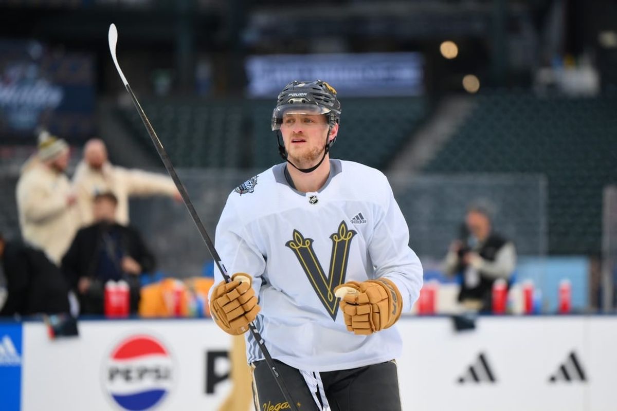 Dec 31, 2023; Seattle, Washington, USA; Vegas Golden Knights center Jack Eichel (9) during the practice session before the 2024 Winter Classic ice hockey game at T-Mobile Park.