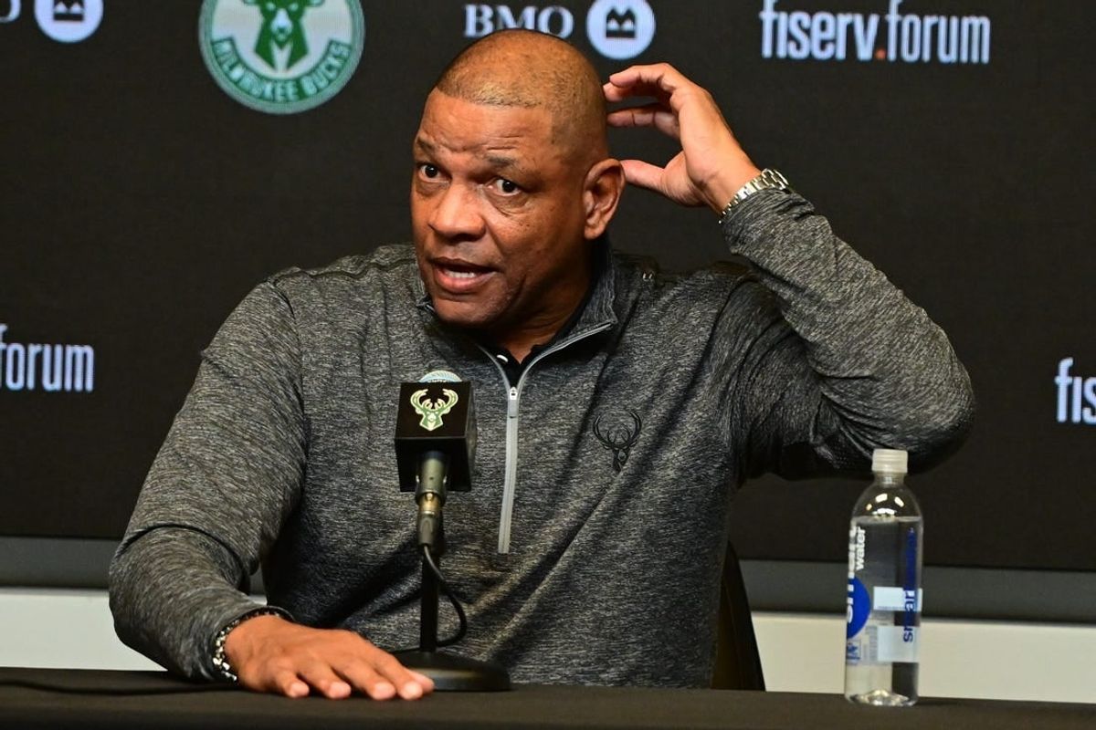 Jan 27, 2024; Milwaukee, WI, USA;  Doc Rivers speaks at a press conference where he was introduce as the new head coach of the Milwaukee Bucks at the Fiserv Forum.