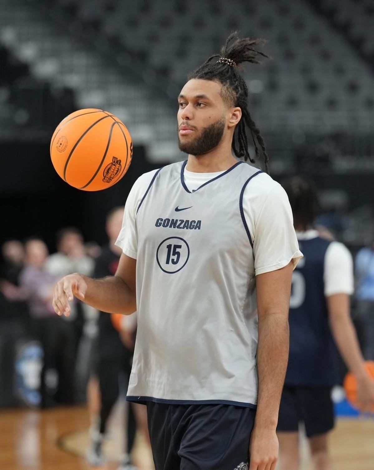 Mar 22, 2023; Las Vegas, NV, USA; Gonzaga Bulldogs center Efton Reid III (15) during practice at T-Mobile Arena.