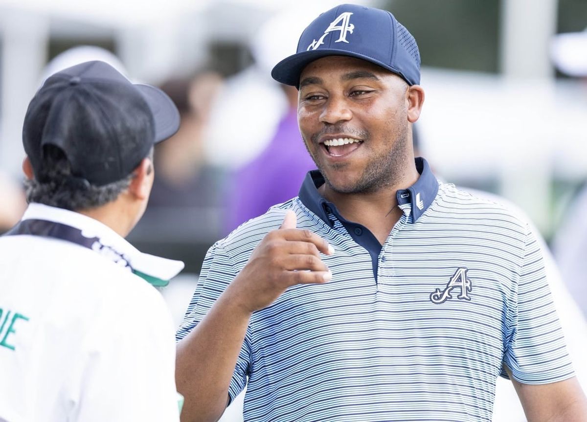 Feb 3, 2024; Playa del Carmen, Quintana Roo, MEX; Team Aces player Harold Varner III with local Mayakoba caddie David  Tukan  before the second round of the LIV Golf Mayakoba tournament at El Chamaleon Golf Course.