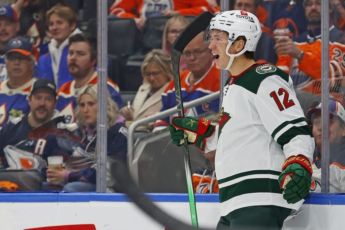 Dec 8, 2023; Edmonton, Alberta, CAN; Minnesota Wild forward Matt Boldy (12) celebrates his goal during the second period against the Edmonton Oilers at Rogers Place.