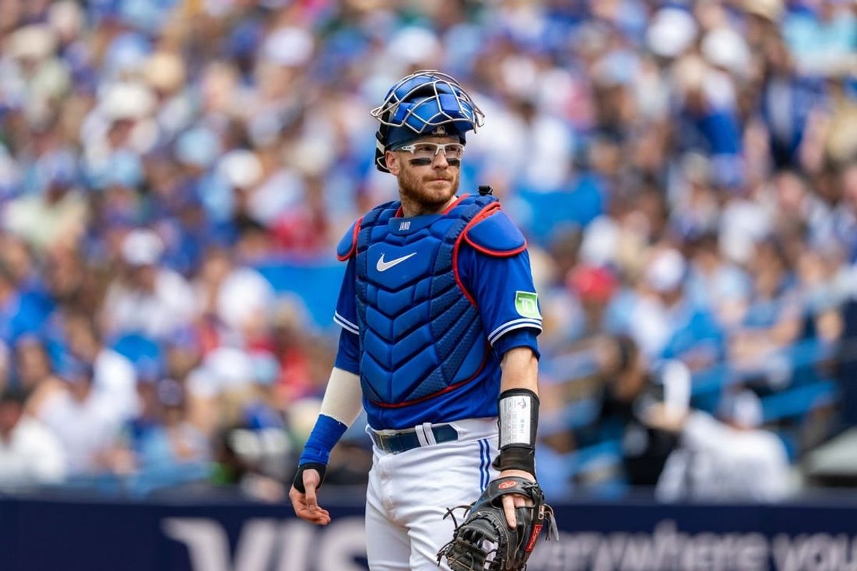 Aug 13, 2023; Toronto, Ontario, CAN; Toronto Blue Jays catcher Danny Jansen (9) looks on against the Chicago Cubs at Rogers Centre.