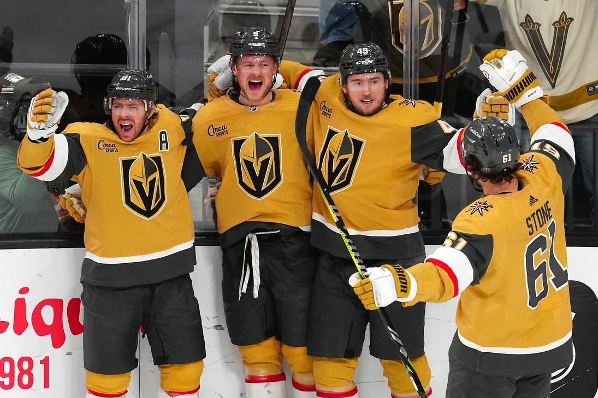 Jan 11, 2024; Las Vegas, Nevada, USA; Vegas Golden Knights center Jack Eichel (9) celebrates with Vegas Golden Knights right wing Jonathan Marchessault (81), Vegas Golden Knights center Ivan Barbashev (49) and Vegas Golden Knights right wing Mark Stone (61) after scoring a goal against the Boston Bruins during the third period at T-Mobile Arena.