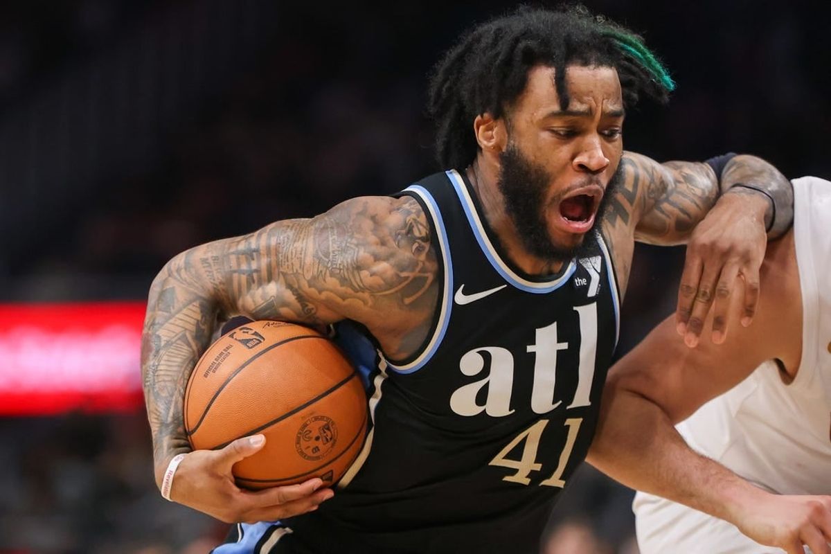Mar 6, 2024; Atlanta, Georgia, USA; Atlanta Hawks forward Saddiq Bey (41) drives to the basket against the Cleveland Cavaliers in the second half at State Farm Arena.