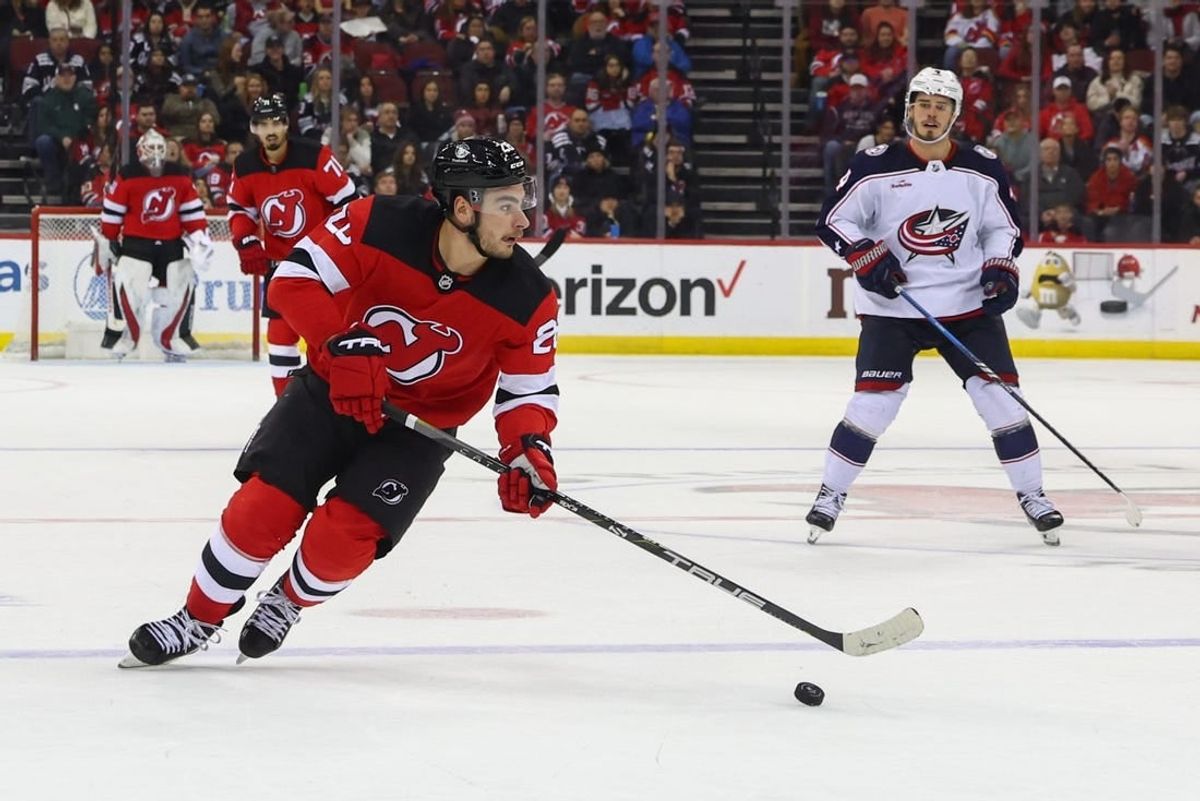 Dec 27, 2023; Newark, New Jersey, USA; New Jersey Devils right wing Timo Meier (28) skates with the puck against the Columbus Blue Jackets during the second period at Prudential Center.