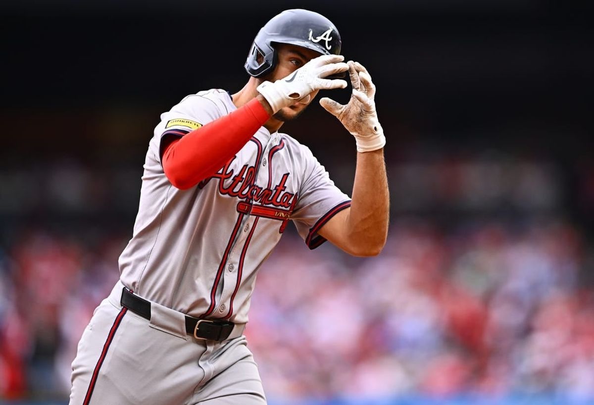 Mar 30, 2024; Philadelphia, Pennsylvania, USA; Atlanta Braves first baseman Matt Olson (28) gestures as he rounds the bases after hitting a home run against the Philadelphia Phillies in the third inning at Citizens Bank Park.