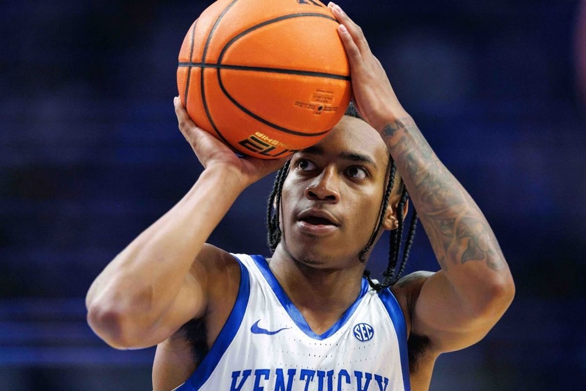 Jan 17, 2024; Lexington, Kentucky, USA; Kentucky Wildcats guard Rob Dillingham (0) shoots a free throw during the second half against the Mississippi State Bulldogs at Rupp Arena at Central Bank Center.