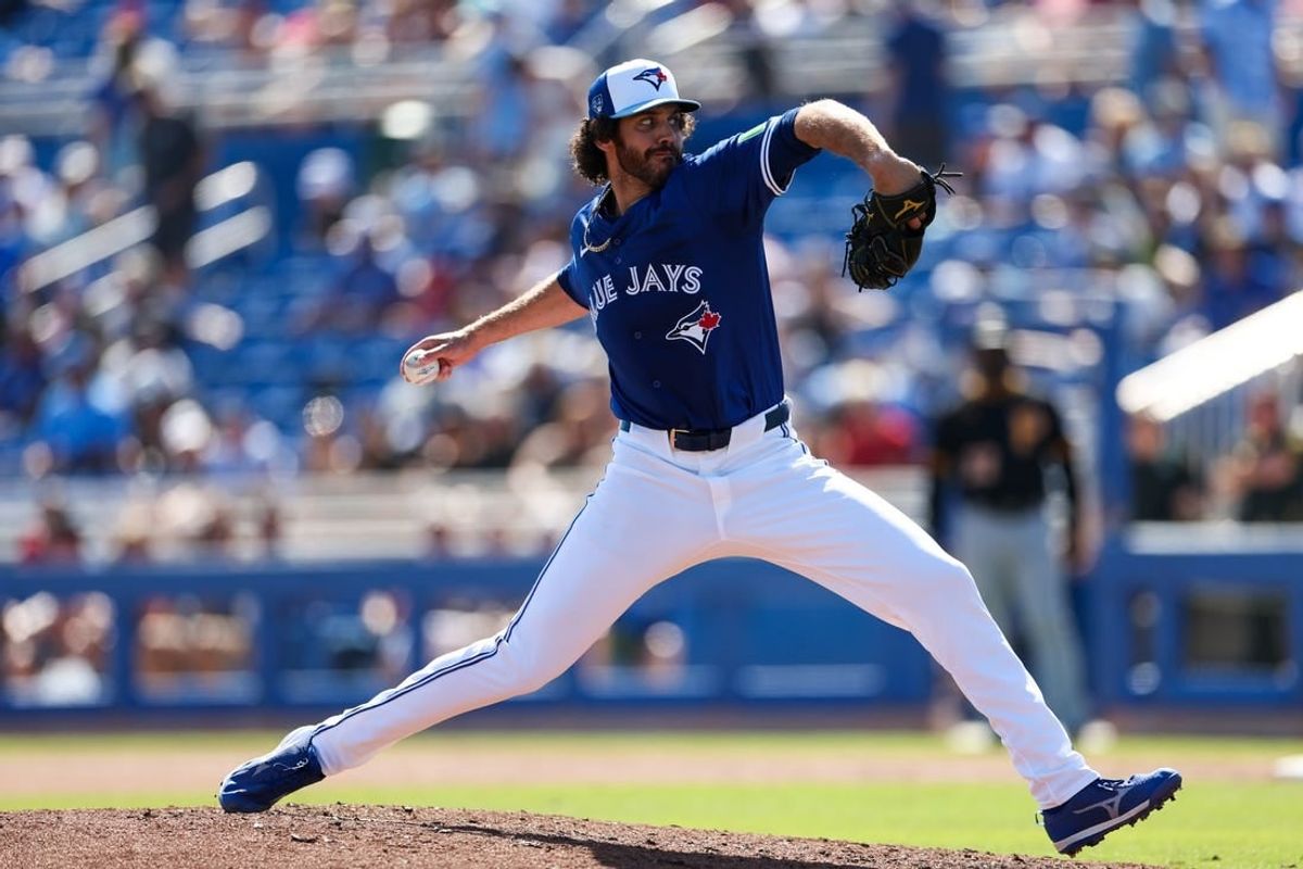 Feb 26, 2024; Dunedin, Florida, USA;  Toronto Blue Jays relief pitcher Jordan Romano (68) throws a pitch against the Pittsburgh Pirates in the fifth inning at TD Ballpark.
