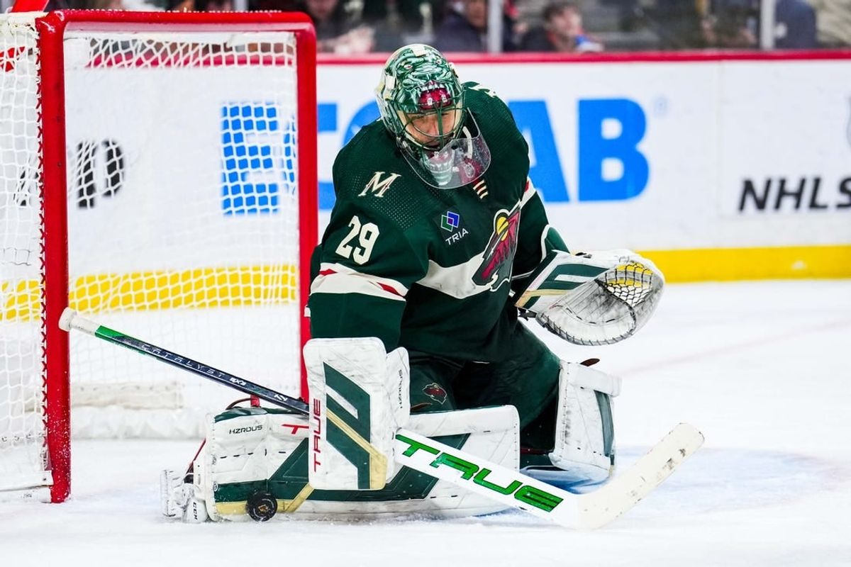 Jan 15, 2024; Saint Paul, Minnesota, USA; Minnesota Wild goaltender Marc-Andre Fleury (29) makes a save during the third period against the New York Islanders at Xcel Energy Center.