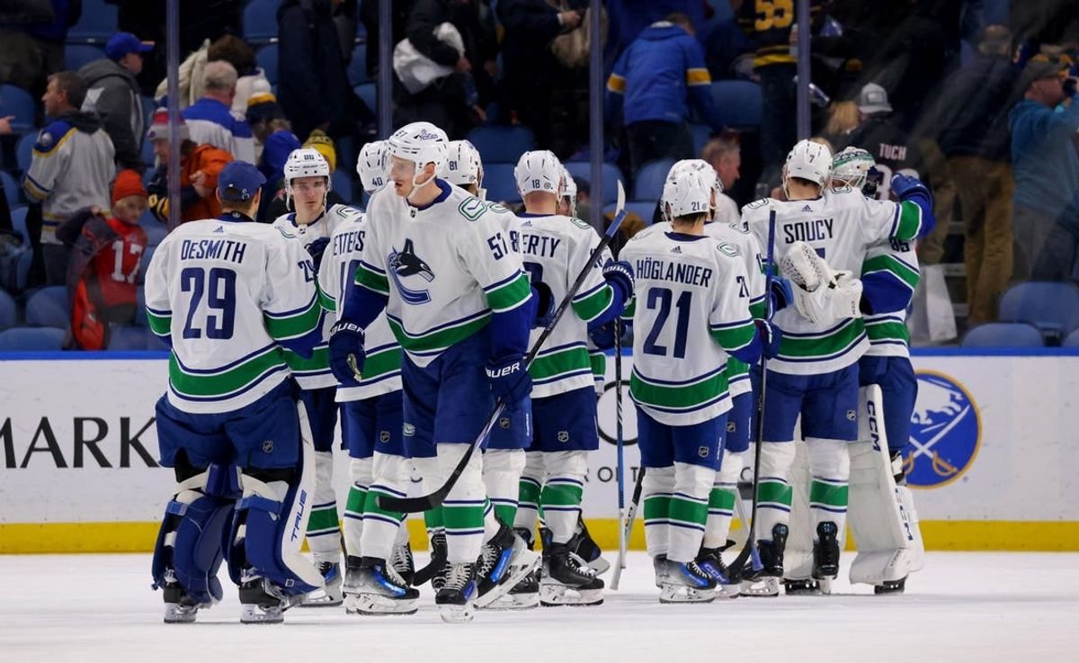 Jan 13, 2024; Buffalo, New York, USA;  The Vancouver Canucks celebrate a win over the Buffalo Sabres at KeyBank Center.