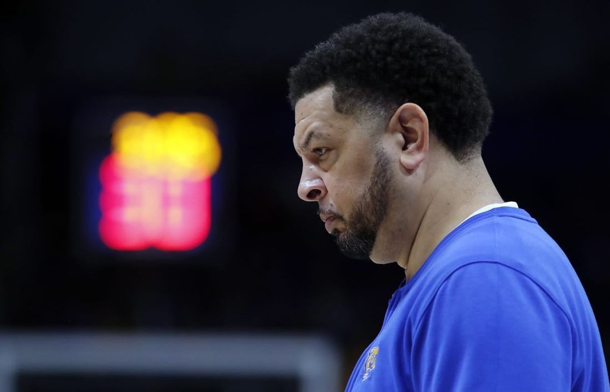 Feb 17, 2024; Pittsburgh, Pennsylvania, USA;  Pittsburgh Panthers head coach Jeff Capel reacts on the sidelines against the Louisville Cardinals during the second half at the Petersen Events Center. Pittsburgh won 86-59.
