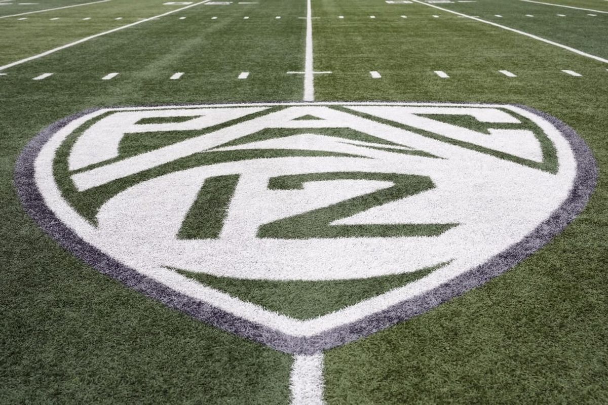 Oct 21, 2023; Eugene, Oregon, USA; A view of the PAC-12 field logo before the game between the Oregon Ducks and the Washington State Cougars at Autzen Stadium.