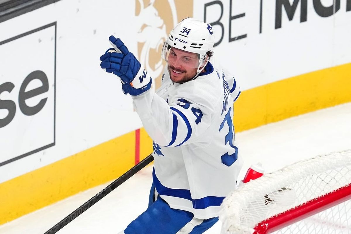 Feb 22, 2024; Las Vegas, Nevada, USA; Toronto Maple Leafs center Auston Matthews (34) celebrates after scoring a goal against the Vegas Golden Knights during the third period at T-Mobile Arena.