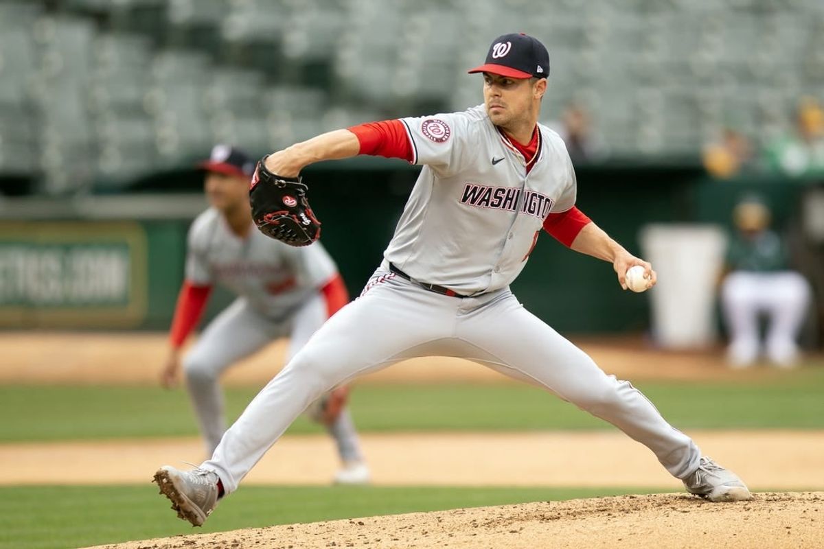 Apr 13, 2024; Oakland, California, USA; Washington Nationals starting pitcher MacKenzie Gore (1) delivers a pitch against the Oakland Athletics during the second inning at Oakland-Alameda County Coliseum.