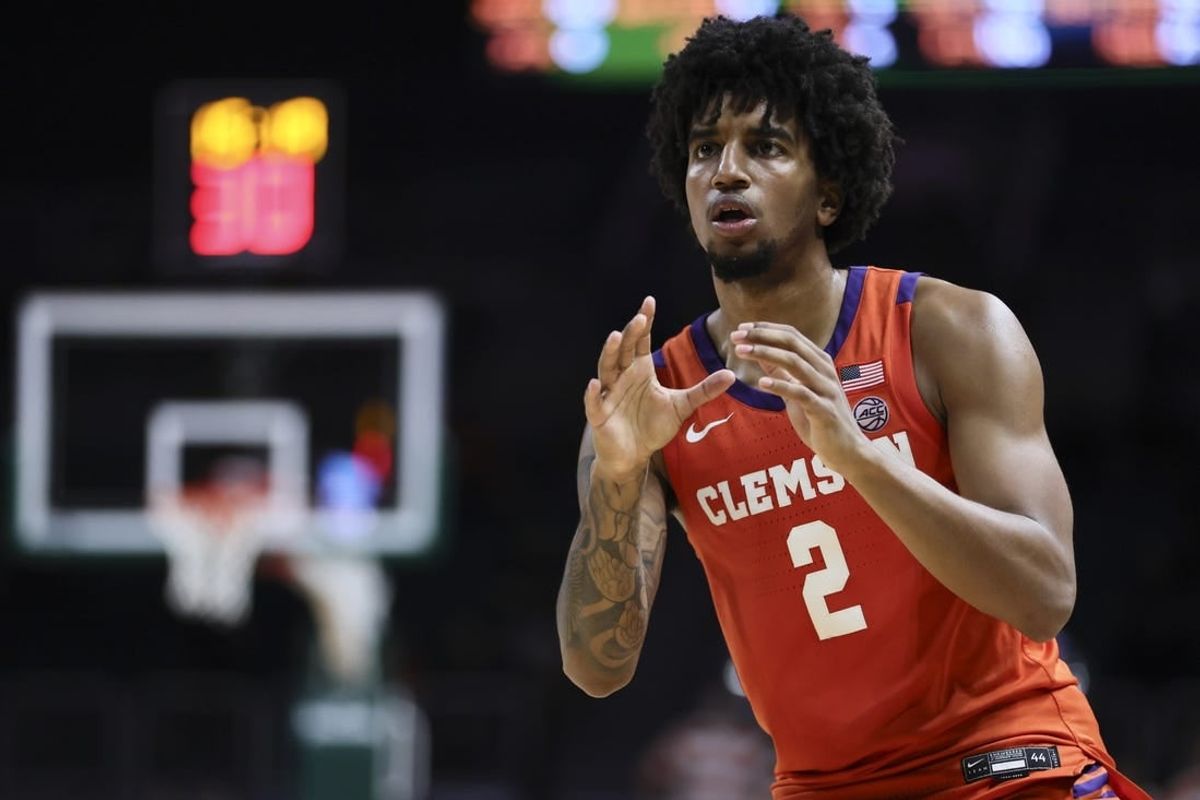 Jan 3, 2024; Coral Gables, Florida, USA; Clemson Tigers guard Dillon Hunter (2) looks on against the Miami Hurricanes during the second half at Watsco Center.