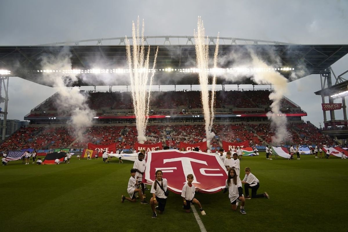 Aug 20, 2023; Toronto, Ontario, CAN; The Toronto FC logo is displayed on the pitch before their match against the CF Montreal during the first half at BMO Field.