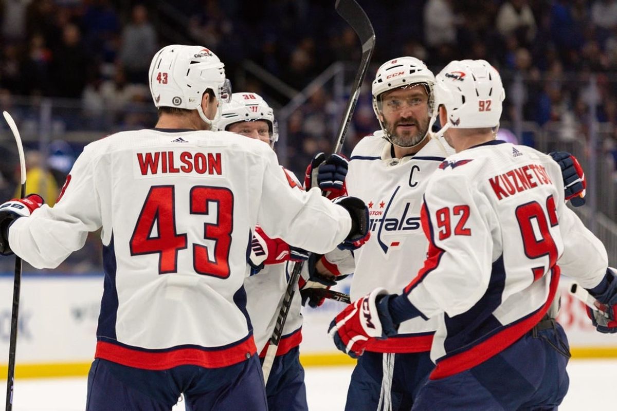 Nov 11, 2023; Elmont, New York, USA; Washington Capitals left wing Alex Ovechkin (8) celebrates his goal against the New York Islanders  during the first period at UBS Arena.