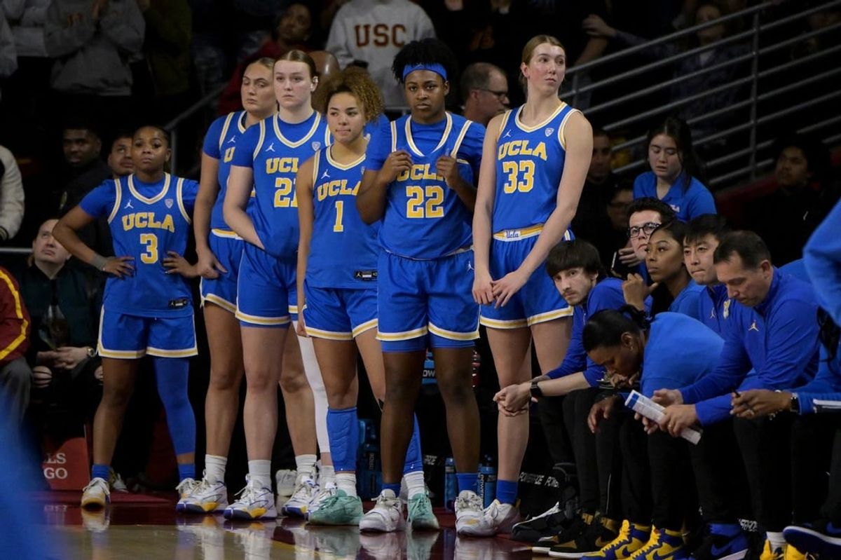 Jan 14, 2024; Los Angeles, California, USA; UCLA Bruins guard Londynn Jones (3), forward Angela Dugalic (32), forward Lina Sontag (21), guard Kiki Rice (1), forward Christeen Iwuala (22) and forward Amanda Muse (33) look on from the bench in the final seconds of the game at Galen Center.