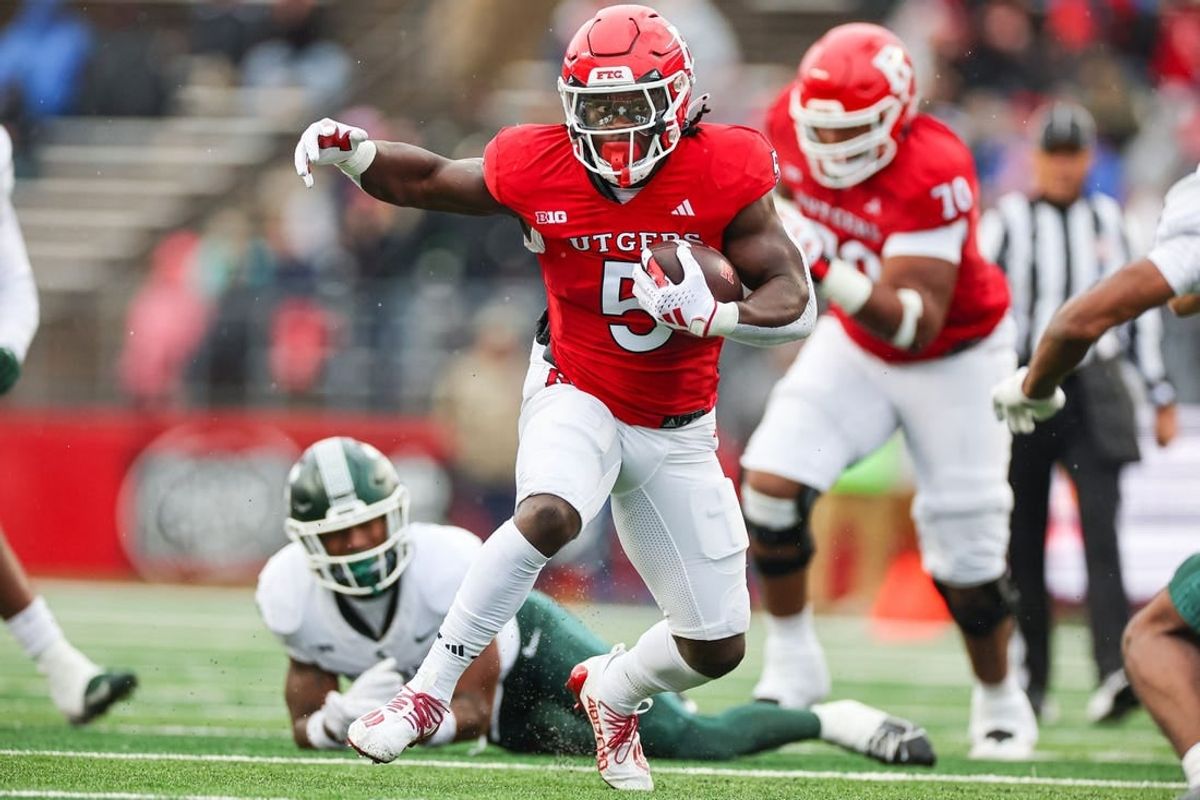 Oct 14, 2023; Piscataway, New Jersey, USA; Rutgers Scarlet Knights running back Kyle Monangai (5) carries the ball during the first half against the Michigan State Spartans at SHI Stadium.