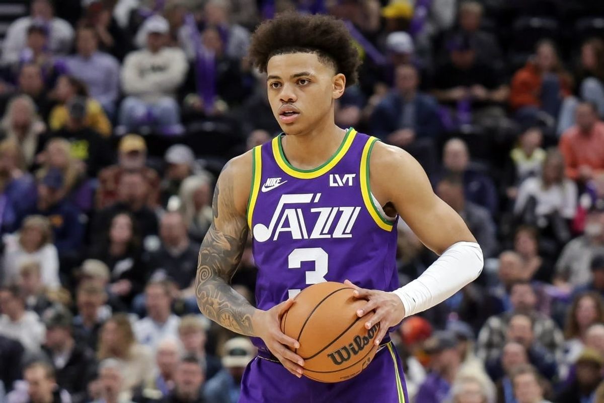 Feb 22, 2024; Salt Lake City, Utah, USA;  Utah Jazz guard Keyonte George (3) controls the ball during the first quarter against the Charlotte Hornets at Delta Center.