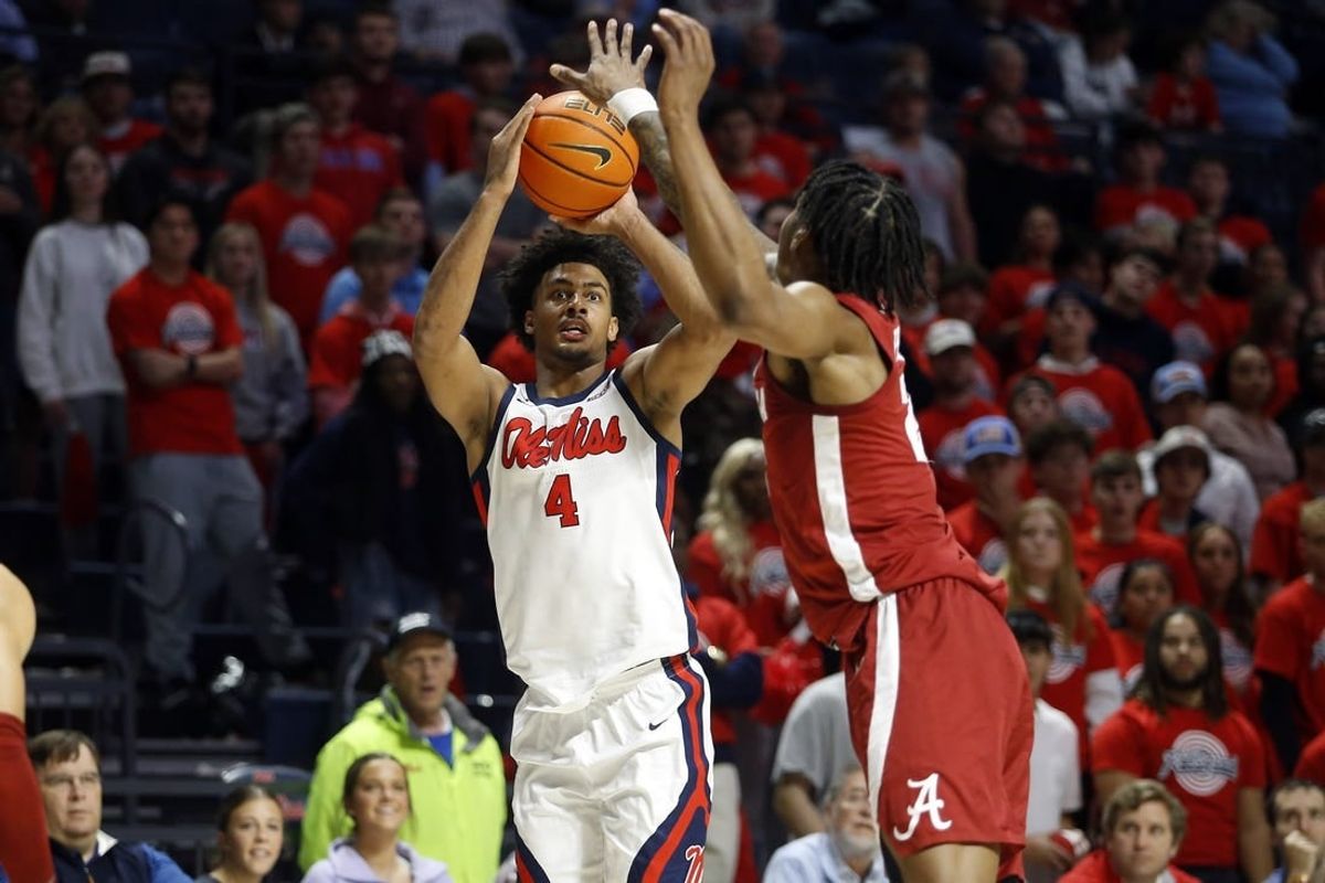 Feb 28, 2024; Oxford, Mississippi, USA; Mississippi Rebels forward Jaemyn Brakefield (4) shoots for three during the second half against the Alabama Crimson Tide at The Sandy and John Black Pavilion at Ole Miss.