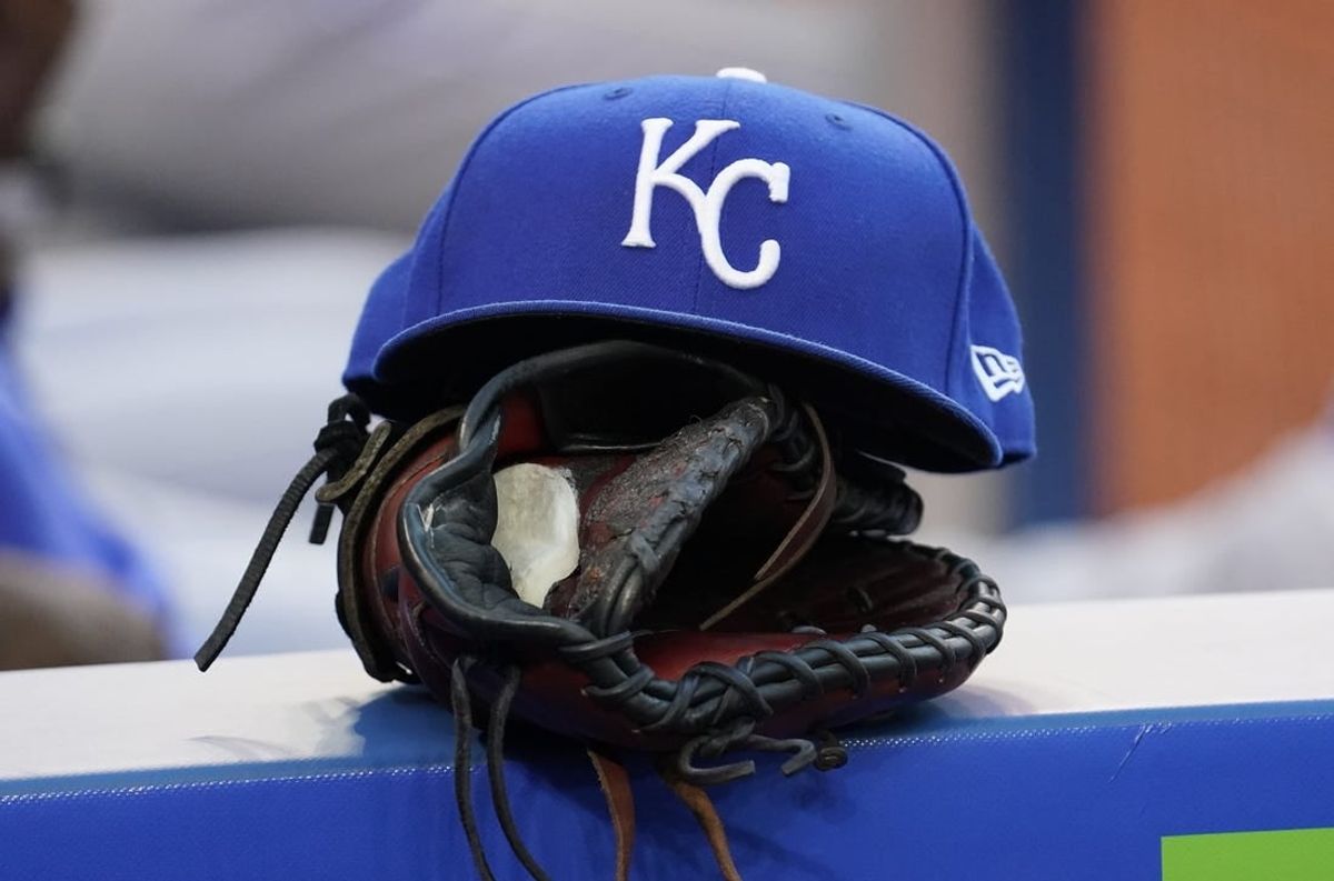 Jul 30, 2021; Toronto, Ontario, CAN; A Kansas City Royals hat and glove in the dugout during a game against the Toronto Blue Jays at Rogers Centre.