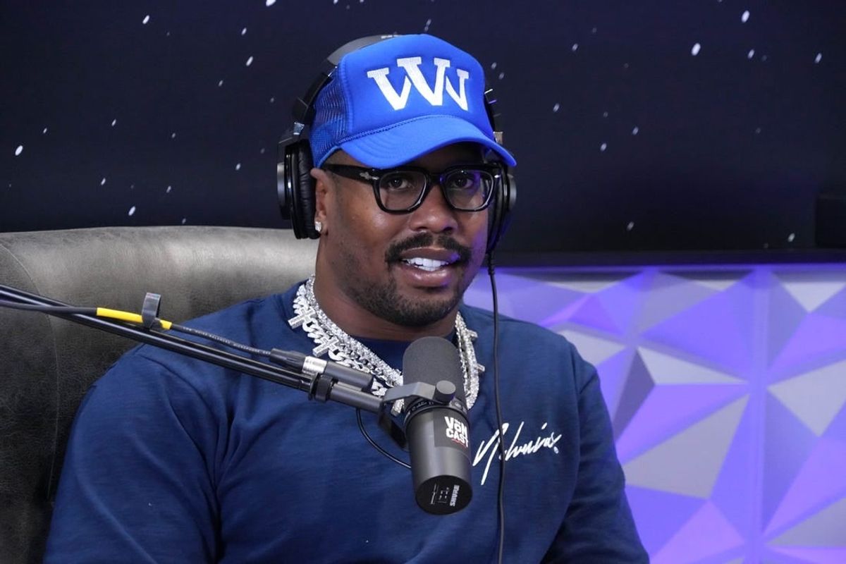 Feb 9, 2023; Phoenix, AZ, USA; Buffalo Bills linebacker Von Miller on the Bleacher Report set on radio row at the Super Bowl LVII media center at the Phoenix Convention Center.