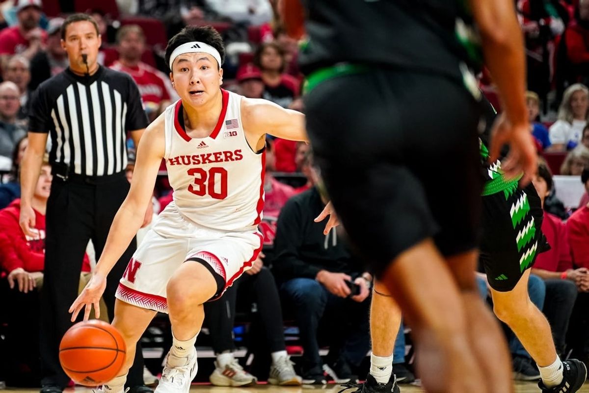 Dec 20, 2023; Lincoln, Nebraska, USA; Nebraska Cornhuskers guard Jamarques Lawrence (10) drives against the North Dakota Fighting Hawks during the first half at Pinnacle Bank Arena.