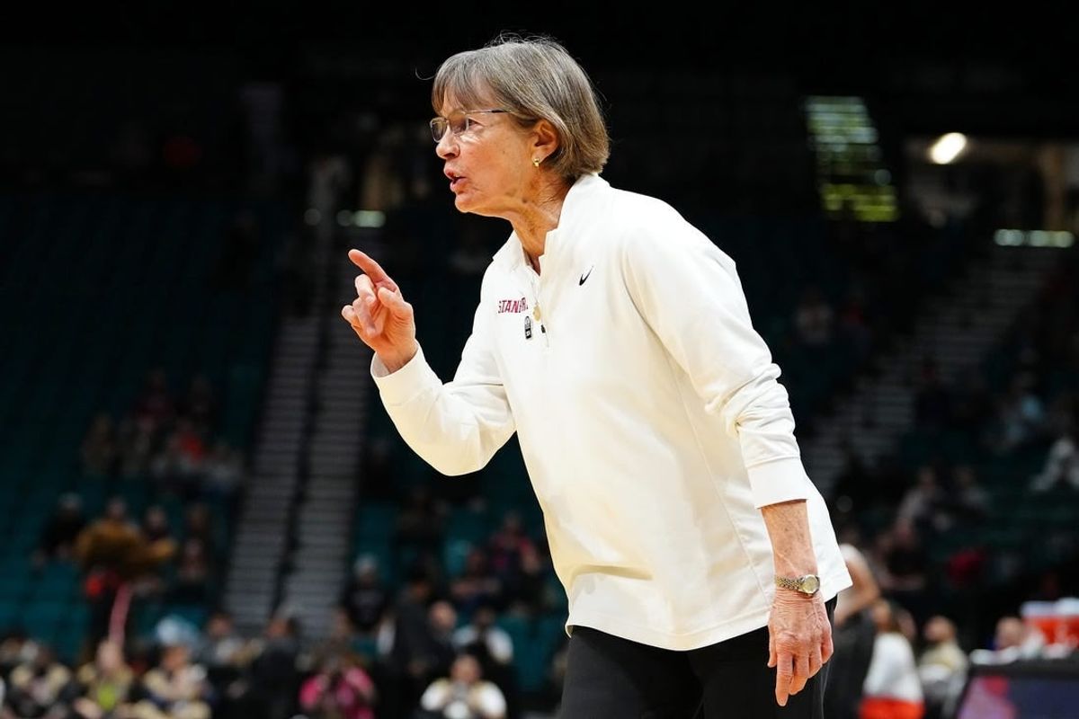 Mar 8, 2024; Las Vegas, NV, USA; Stanford Cardinal head coach Tara VanDerveer directs a player in a game against the Oregon State Beavers during the second quarter at MGM Grand Garden Arena.